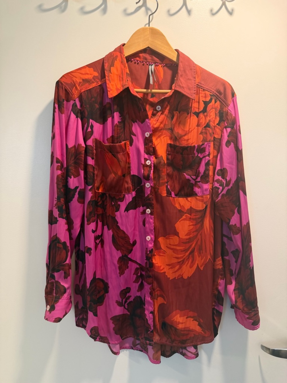 Anthropologie Floral Button-Down Shirt in Pink & Orange